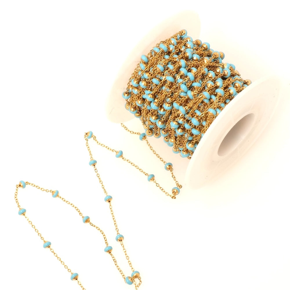 50cm de chaîne maillon avec perle émaillée bleu ciel en acier inoxydable doré