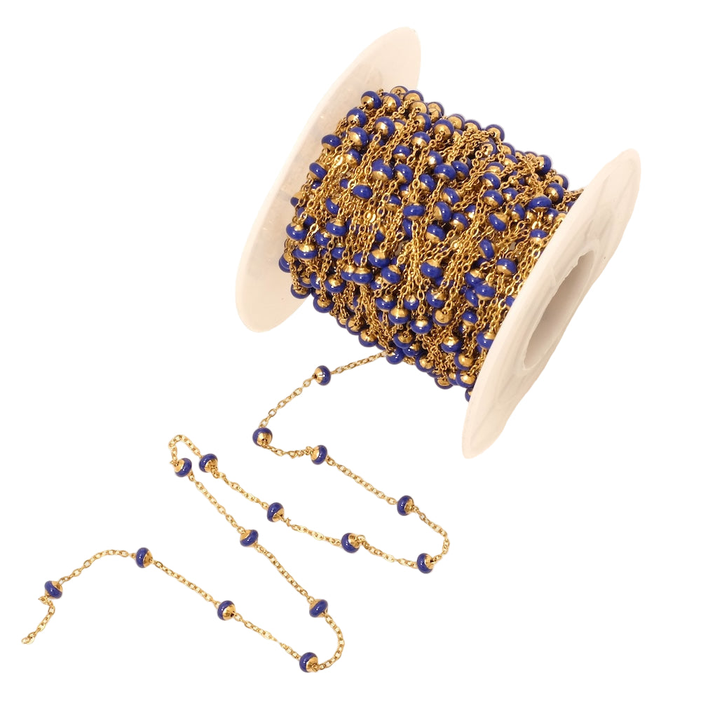 50cm de chaîne maillon avec perle émaillée bleu roi en acier inoxydable doré