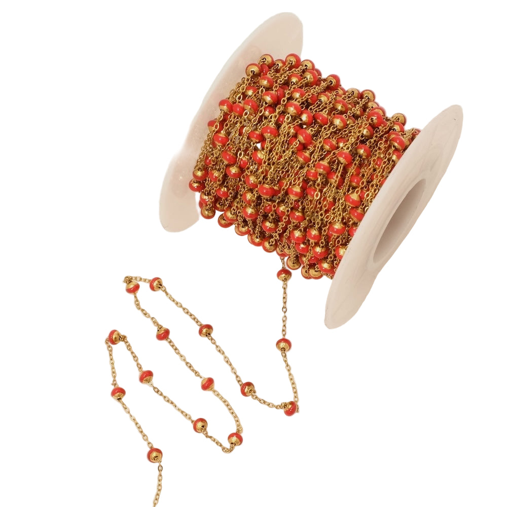 50cm de chaîne maillon avec perle émaillée rouge en acier inoxydable doré