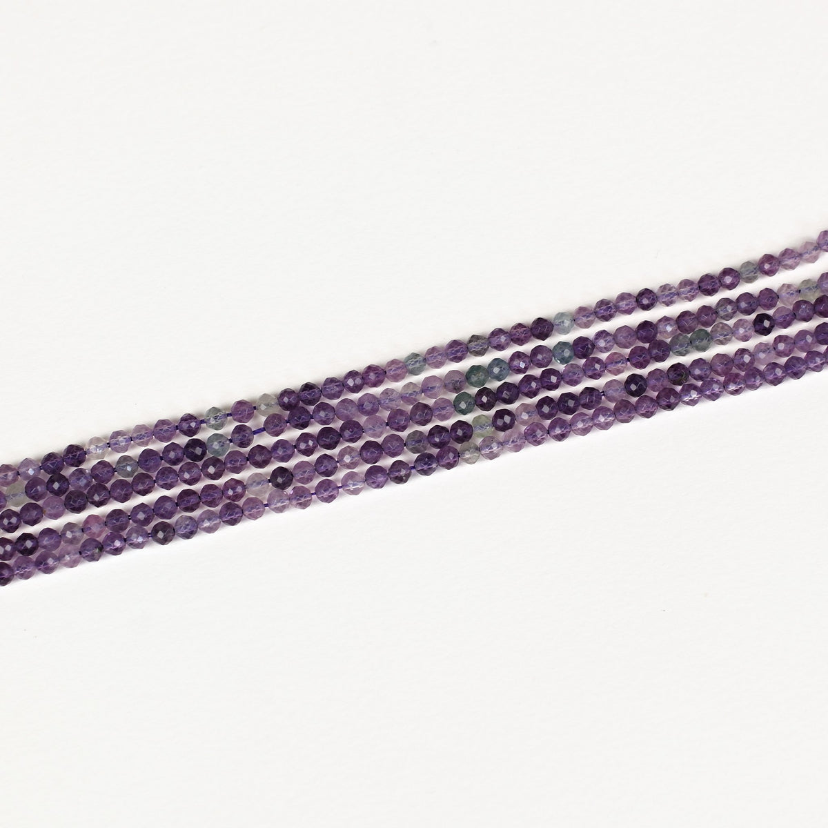 Détail des perles rondes facettées en fluorite violette et vert d'eau
