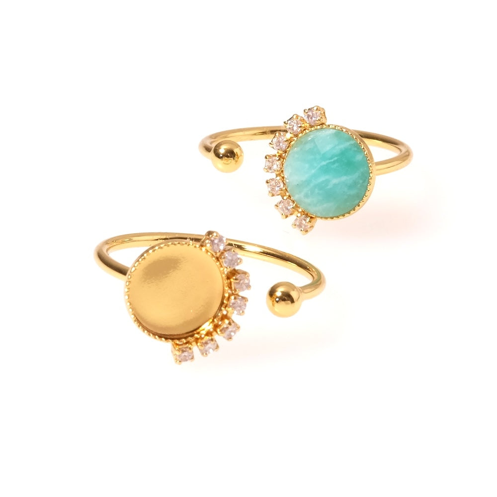 Bague ajustable pour Cabochon 8mm et strass en Oxyde de Zirconium Plaquée Or 16K 3 microns