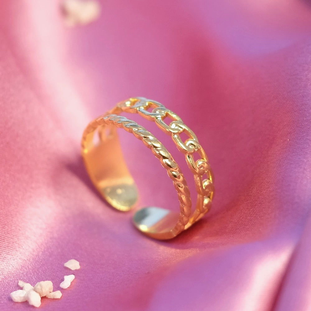 Bague double chaine gourmette en acier inoxydable 304 Doré 18K