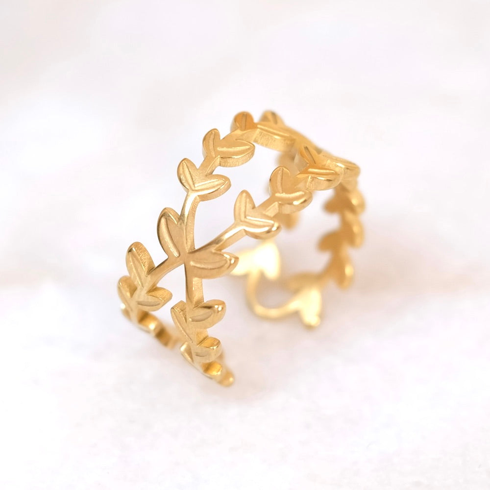 Bague double feuille croisée en acier inoxydable 304 Doré 18K