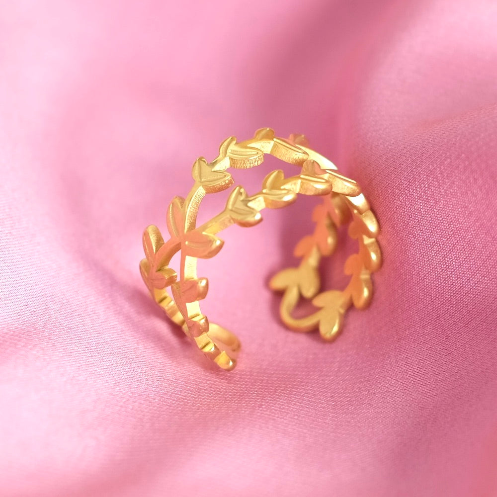 Bague double feuille croisée en acier inoxydable 304 Doré 18K