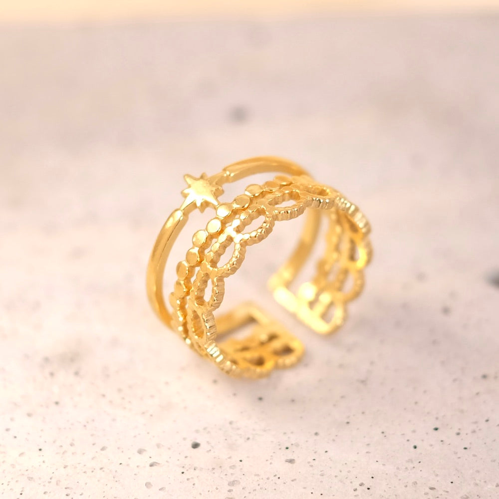 Bague triple étoile en acier inoxydable 304 Doré 18K