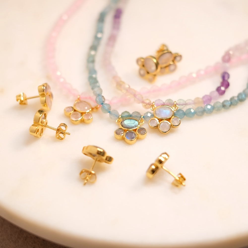 Pendentif connecteur 4 pierres Quartz rose doré 18K Premium (1 micron)