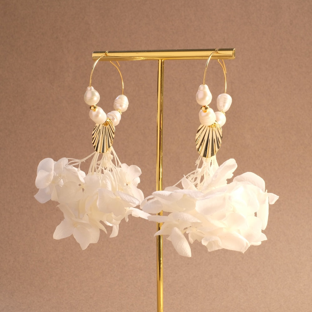 Boucles d'oreilles Fleur stabilisée Hortensia Blanc 