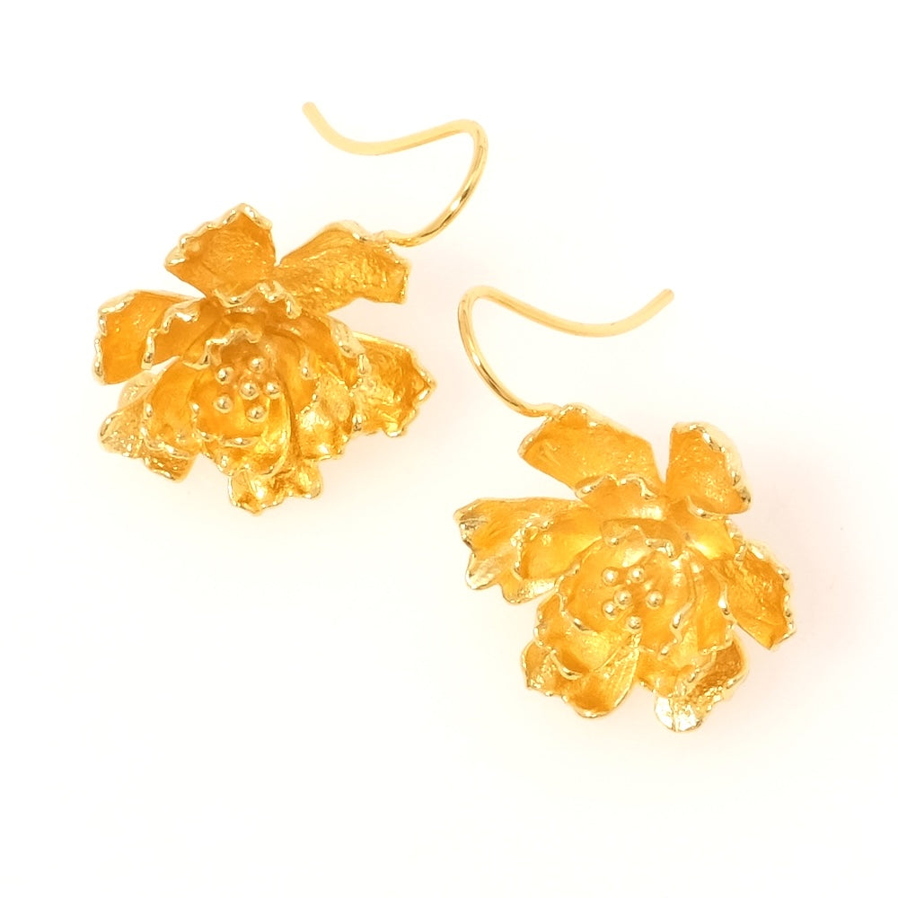 Boucles d'oreilles fleur Pivoines en laiton doré à l'or fin 24K Premium, la paire