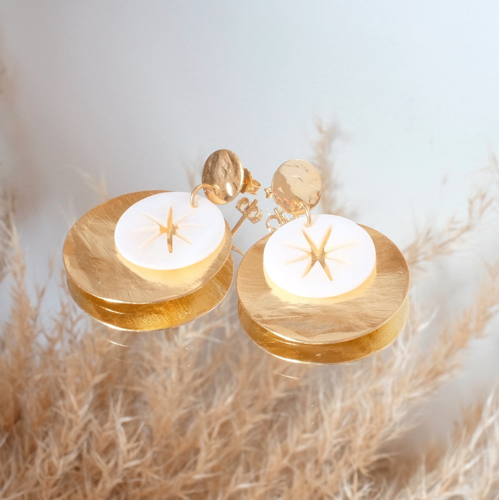 Exemple de création : Boucles d'oreilles solaires en Nacre – tuto Perles Corner