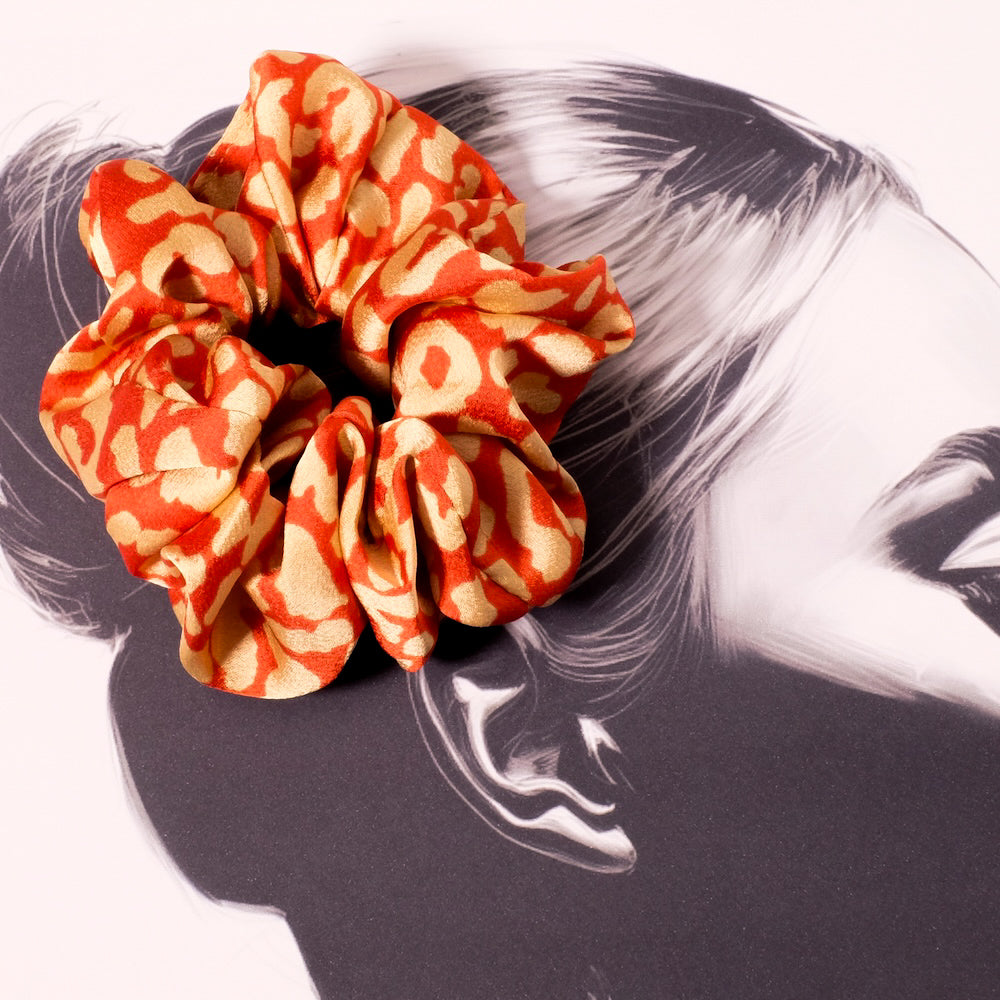 Chouchou élastique pour cheveux imprimé léopard Rouge brique et beige