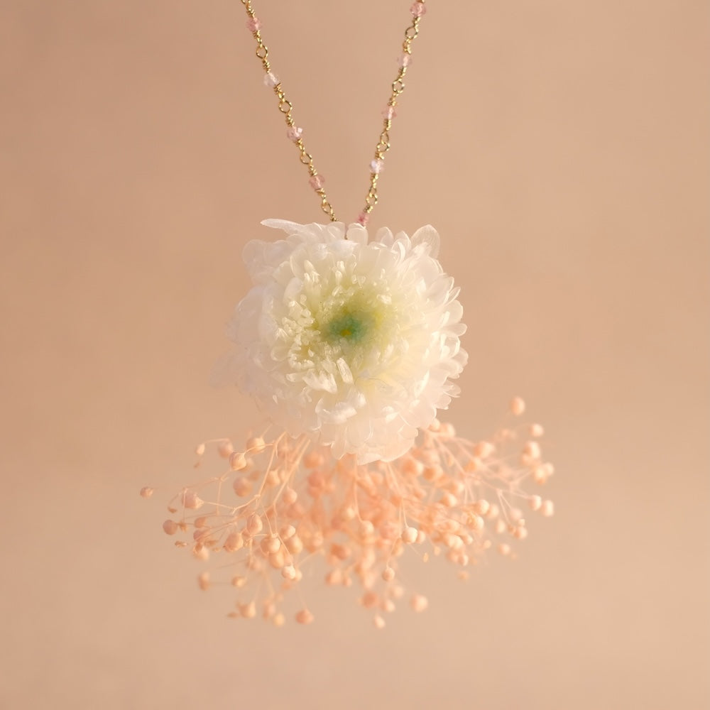 Collier Fleur stabilisée champêtre Blanc vert en laiton doré à l'or fin 24K Premium