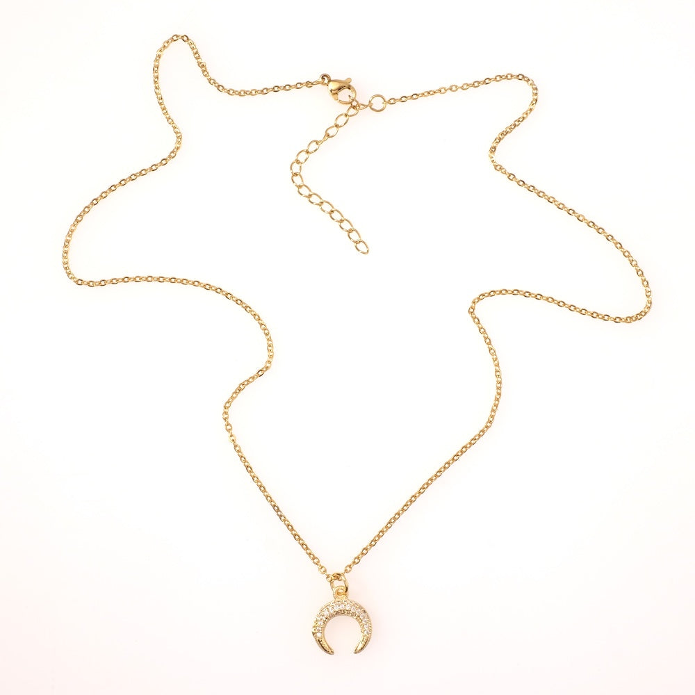 Collier corne lune et strass Zirconium en acier inoxydable 304 Doré