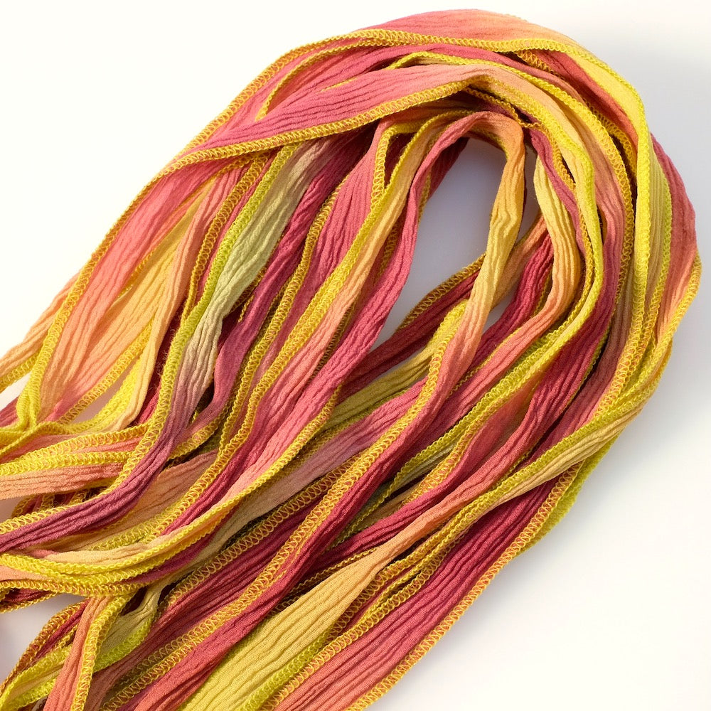 Ruban de soie teint à la main Tie and Dye jaune rose couture lime