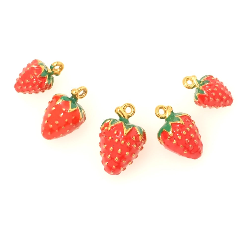 Pendentif fraise émaillée grand en acier inoxydable 304 Doré 18K