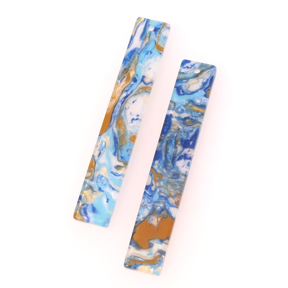 2 pendentifs rectangles en acétate Bleu ocre turquoise blanc irisé
