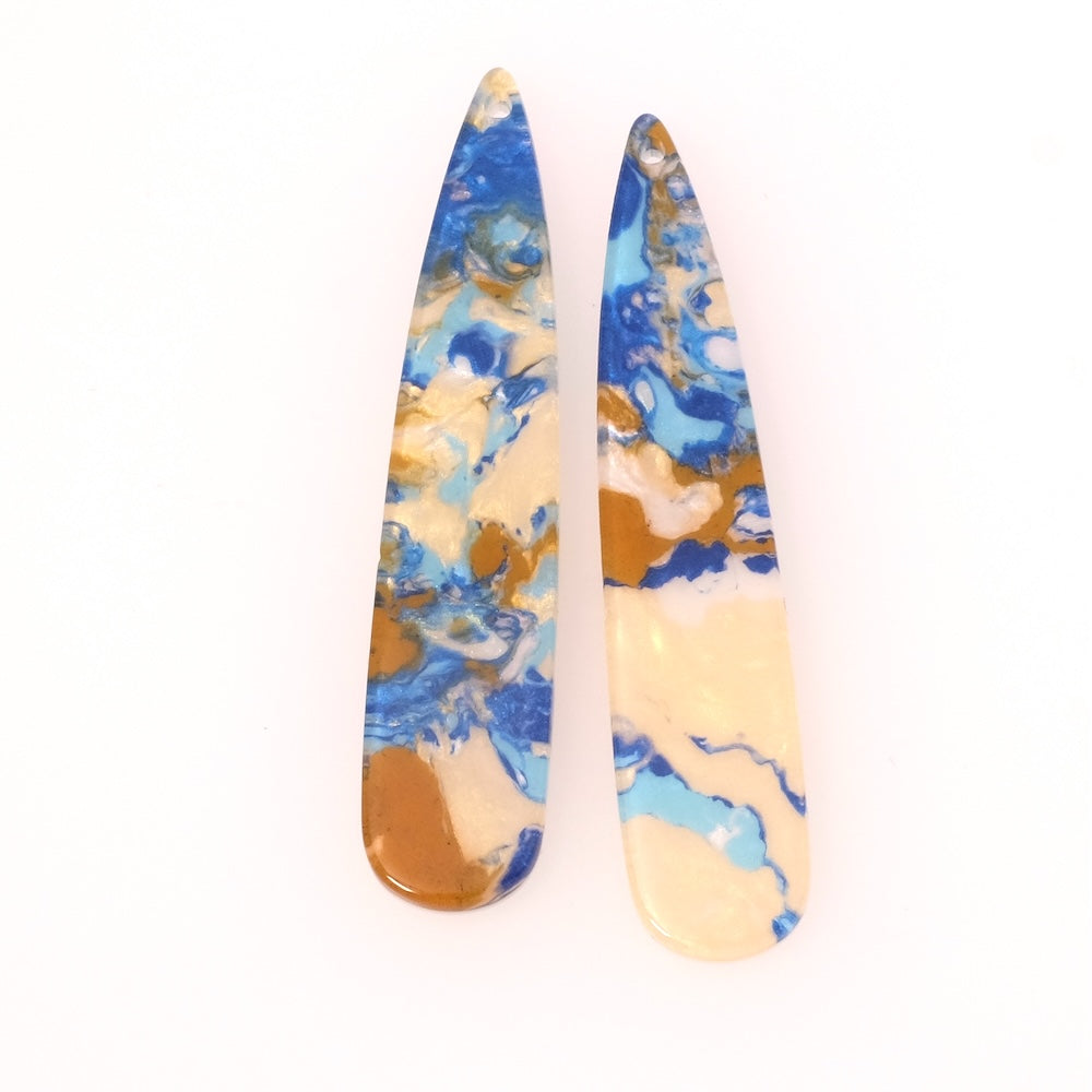 2 pendentifs gouttes en acétate Bleu ocre turquoise blanc irisé