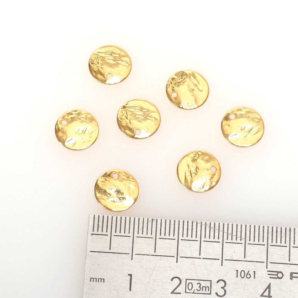 2 pendentifs ronds martelé 10mm en laiton doré à l&#39;or fin 24K Premium