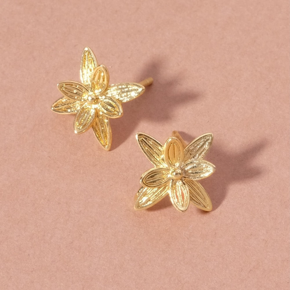 Boucles d'oreilles clous fleur en laiton doré à l'or fin 24K Premium, la paire