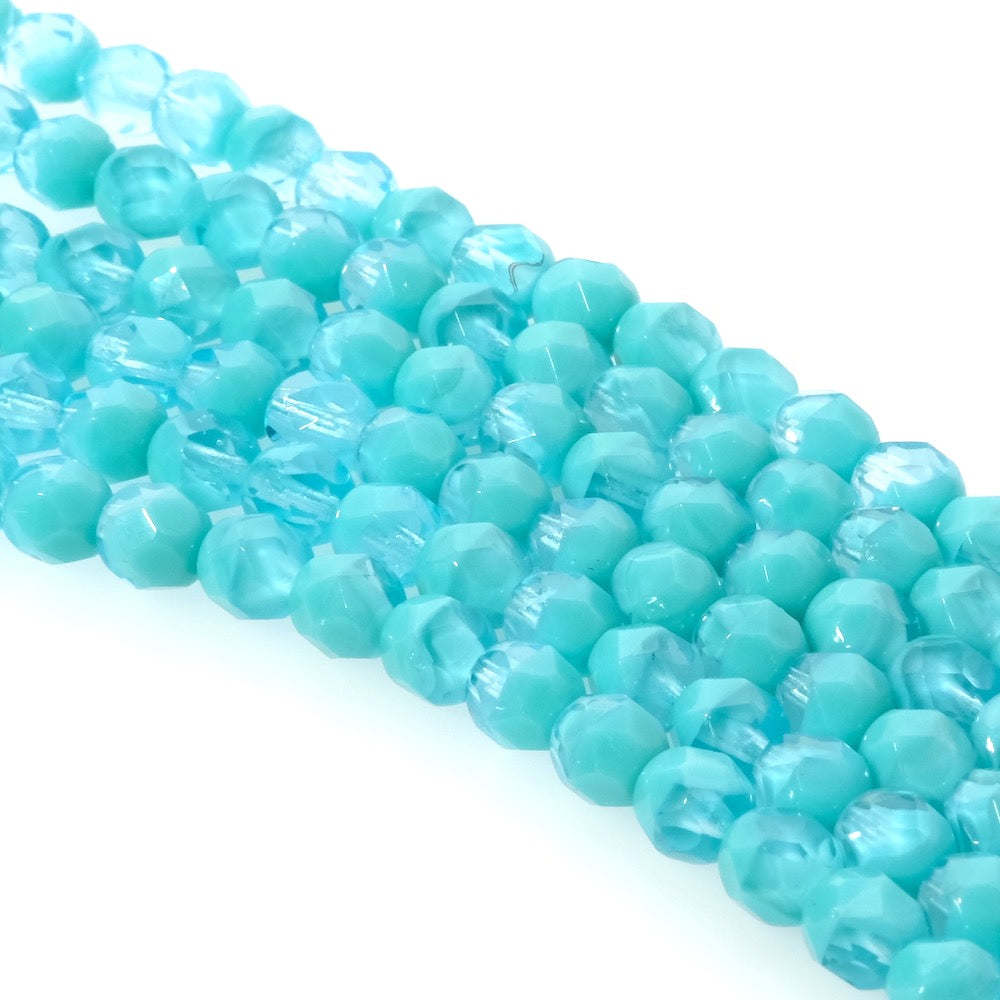 Fil de perles de Bohème rondes facettées 6mm Turquoise semi transparent