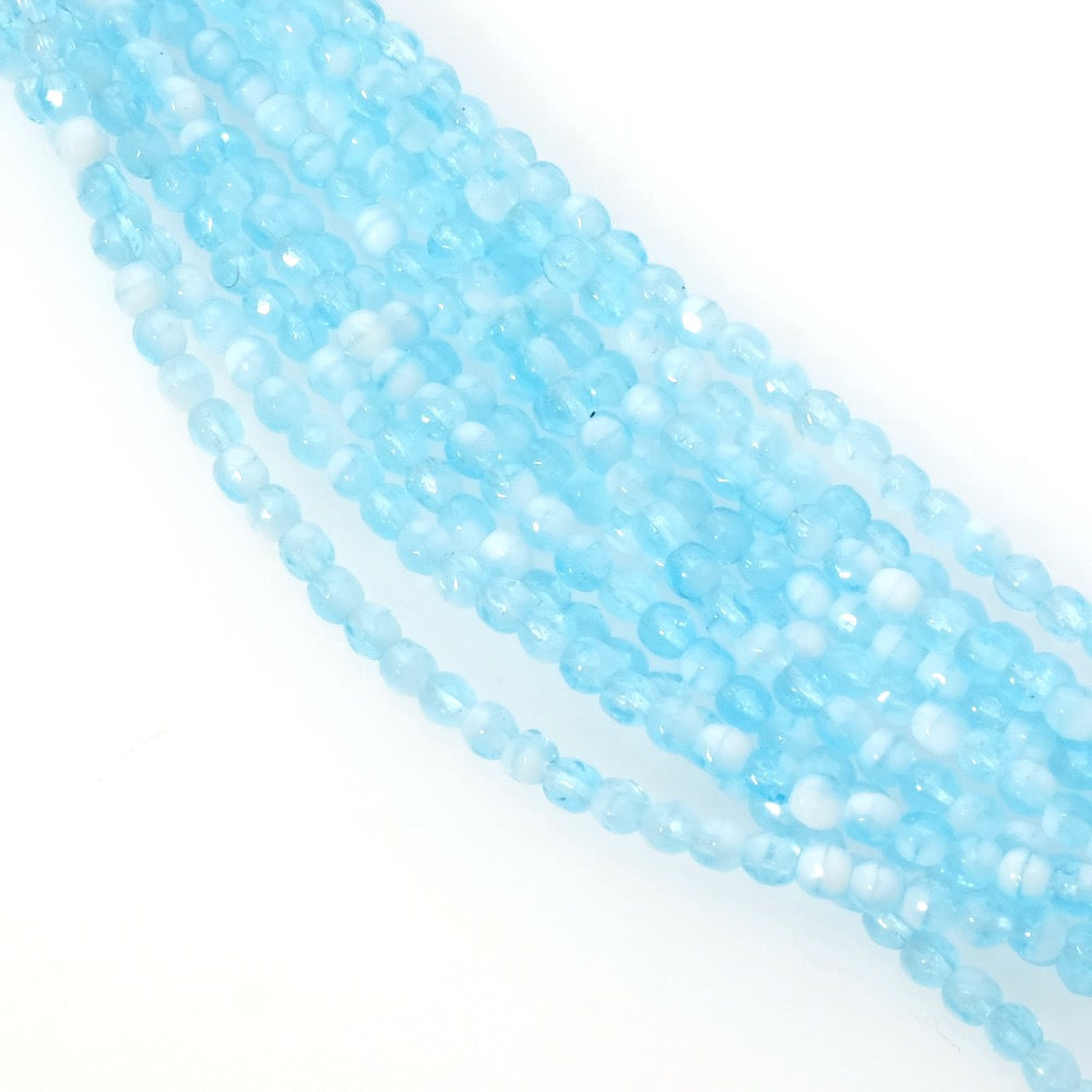 Fil de perles de Bohème rondes facettées 3mm Bleu pastel blanc