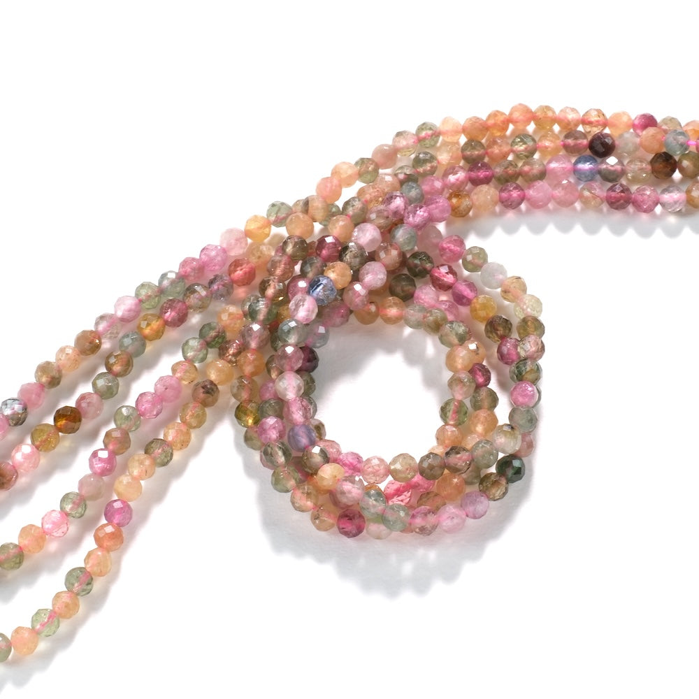 Fil de perles en tourmaline multicolore facettée 4 mm, tons doux rose, pêche et vert
