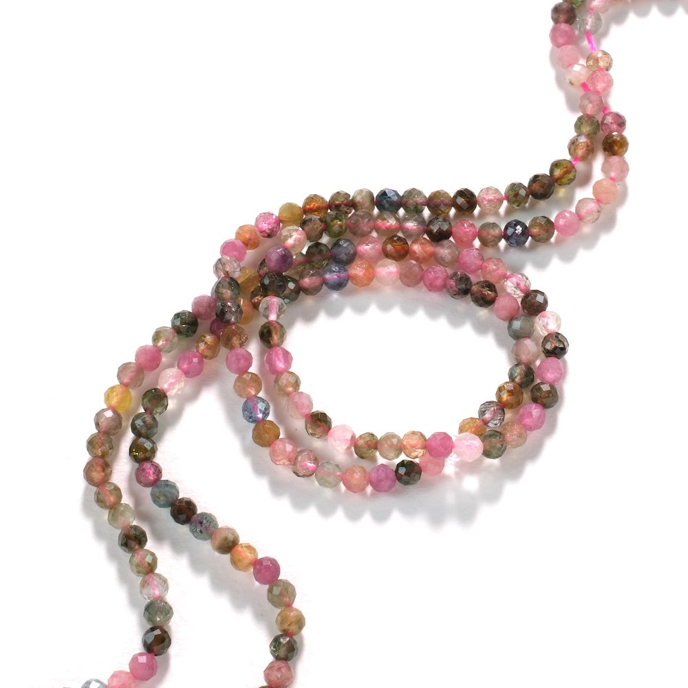 Fil de perles en tourmaline multicolore facettée 4 mm, tons intenses fuchsia et vert profond