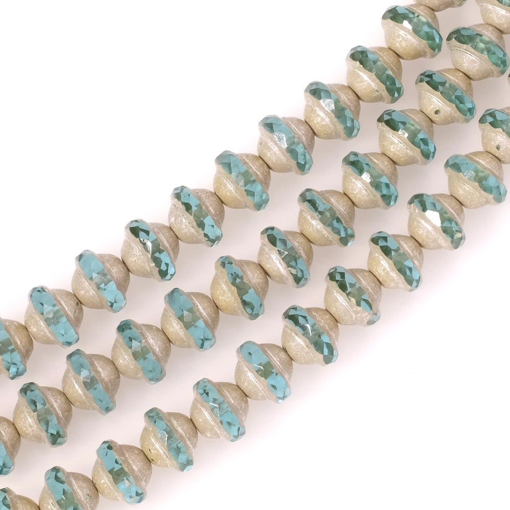 Fil de perles de Bohème Donuts facetté 8x10mm platine et bleu vert aqua