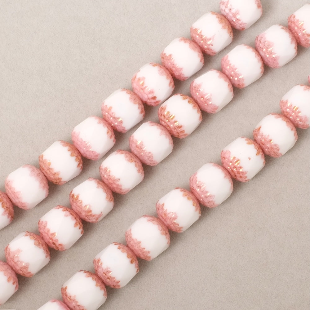 Fil de perles de Bohème baroque facettée 10mm blanc opaque et rose