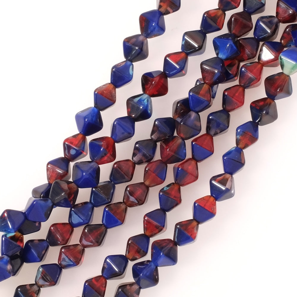 Fil de perles de Bohème bicône toupie 6mm bleu et rouge