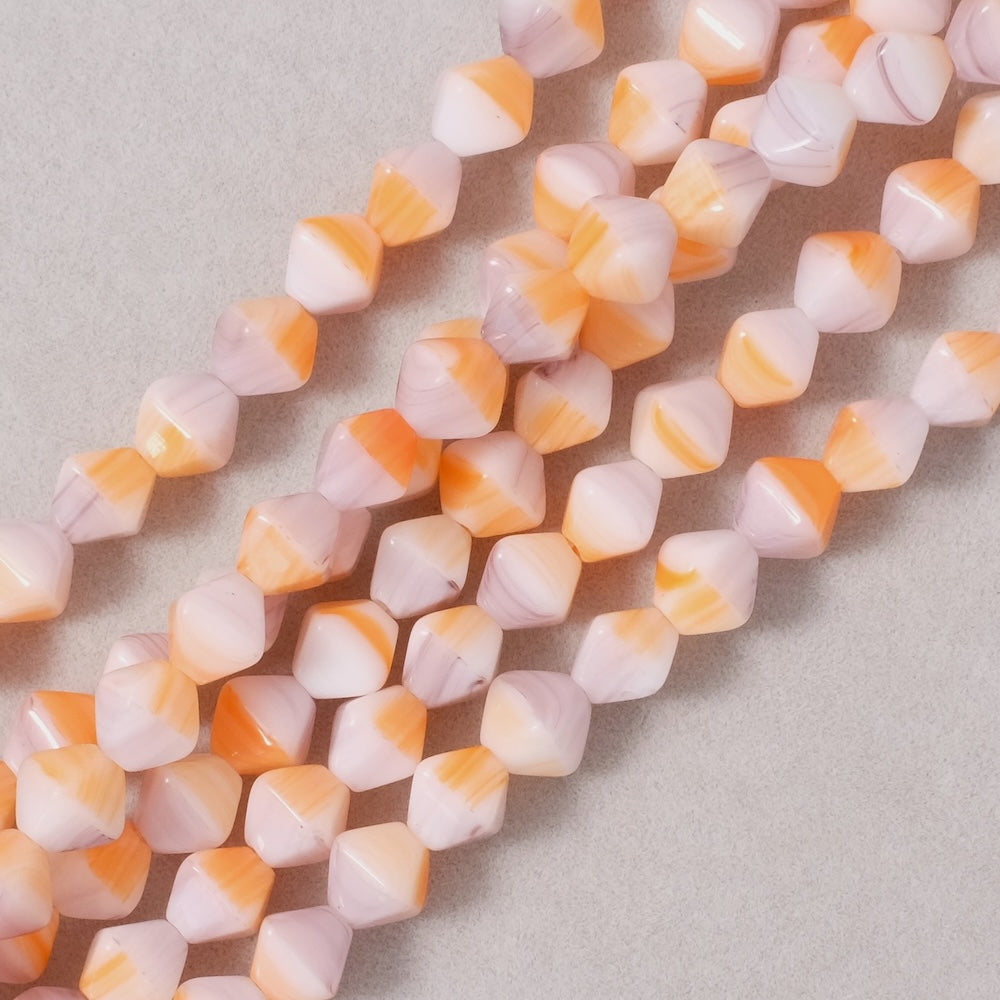 Fil de perles de Bohème bicône toupie 6mm orange et parme pastel