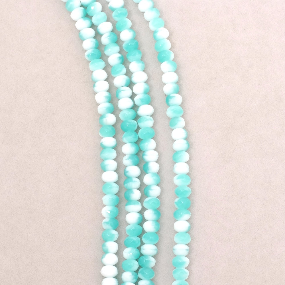 Fil de perles de Bohème donuts facettées 3x5mm vert menthe et blanc