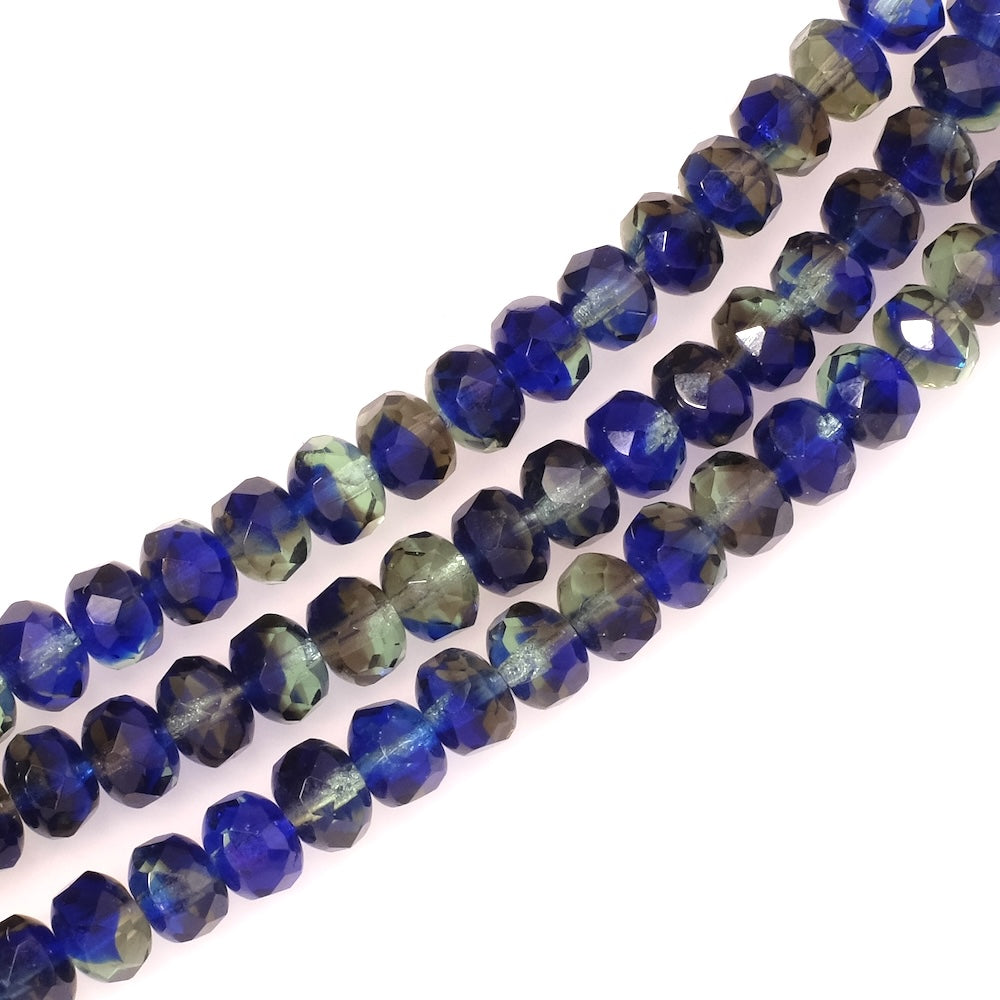 Fil de perles de Bohème facettées 6x9mm bleu et vert transparent