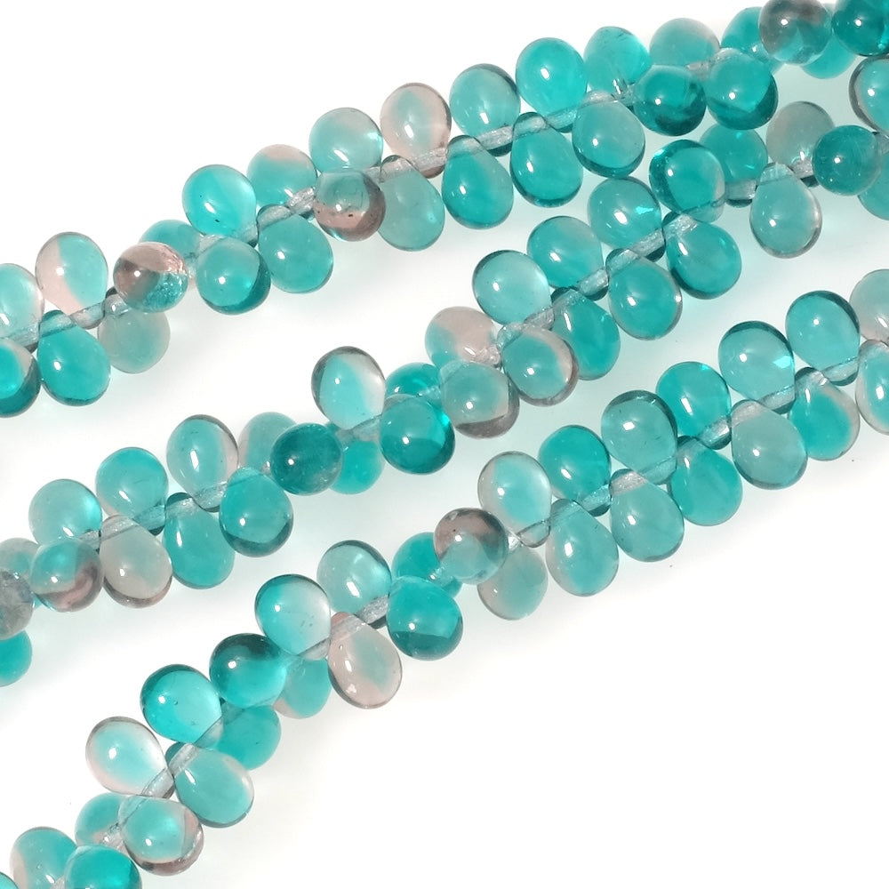 Fil de perles de Bohème gouttes 5x7mm Vert bleu canard et violet transparent