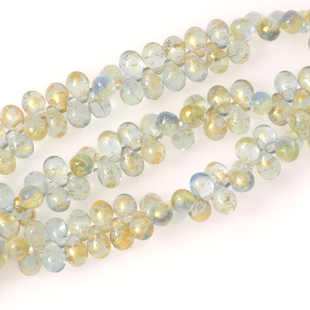 Fil de perles de Bohème gouttes 5x7mm Vert bleu pastel transparent moucheté doré
