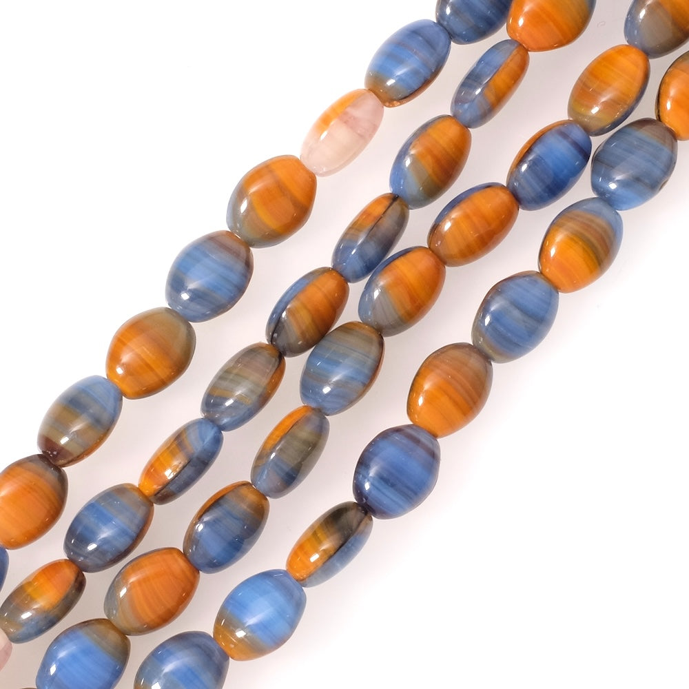 Fil de perles de Bohème ovales 9x7mm nuances bleu et marron