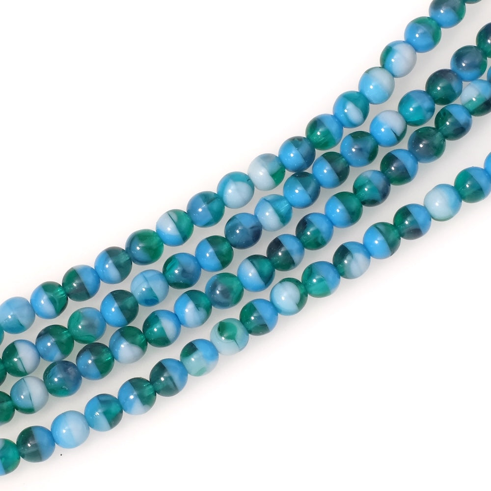 Fil de perles de Bohème rondes 6mm bleu effet marbré