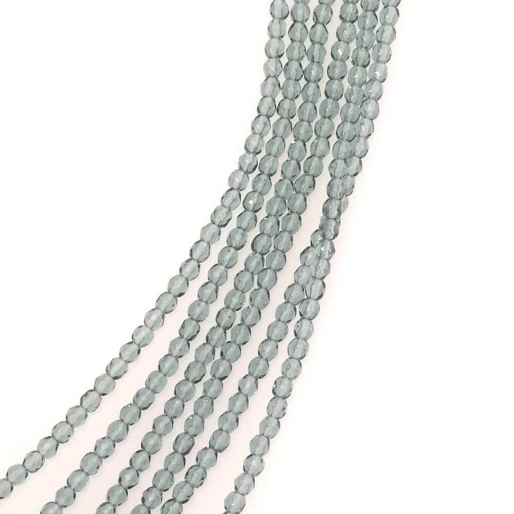 Fil de perles de Bohème rondes facettées 3mm gris bleuté transparent
