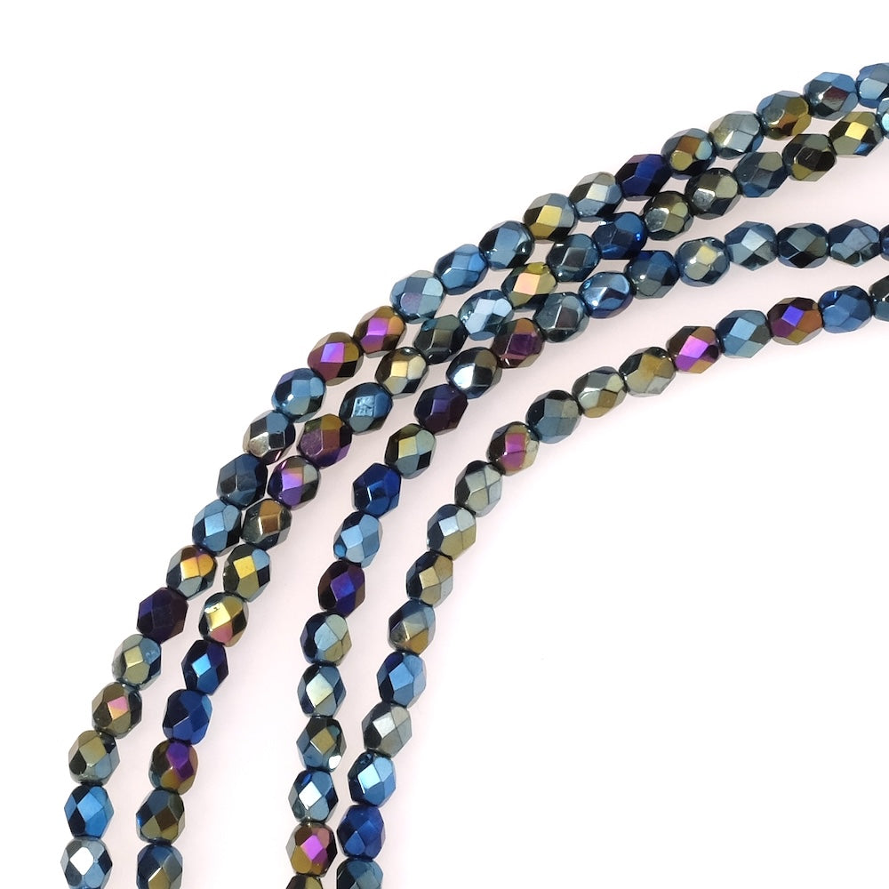 Fil de perles de Bohème rondes facettées 4mm scarabée métallisé 