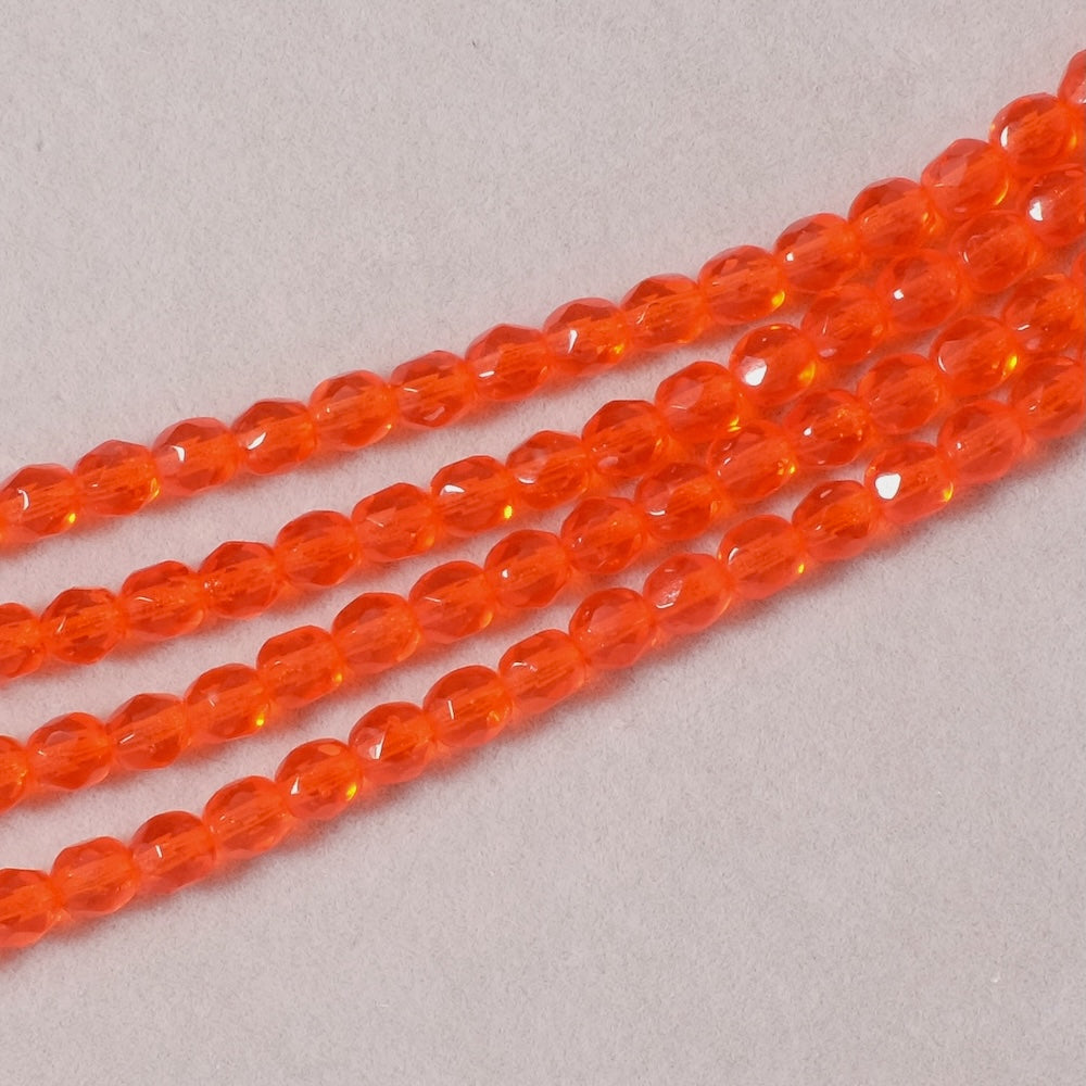 Fil de perles de Bohème rondes facettées 5mm rouge orange transparent