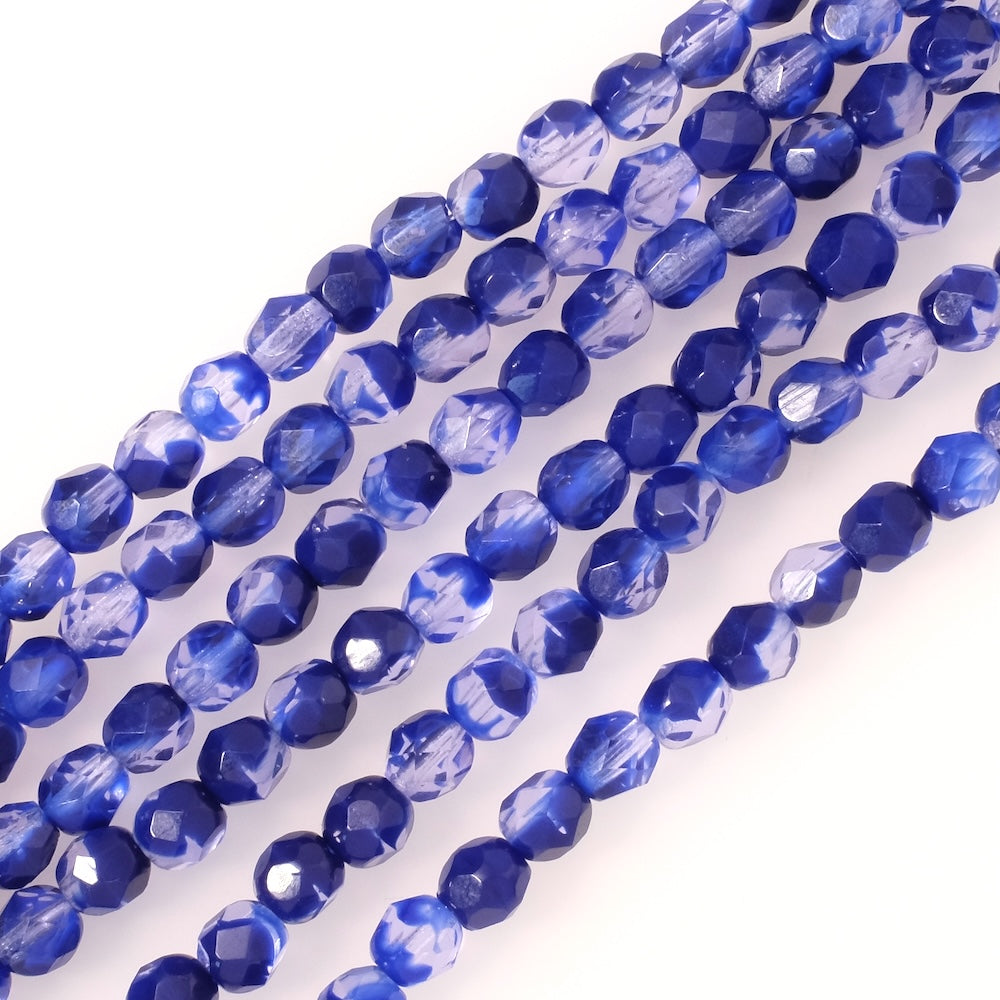 Fil de perles de Bohème rondes facettées 6mm bleu roi et transparent