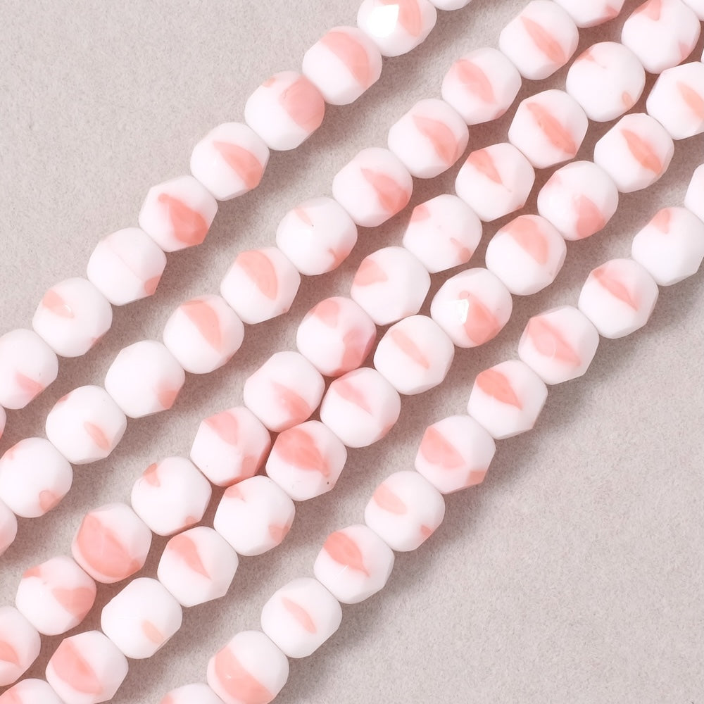Fil de perles de Bohème rondes facettées 6mm rose et blanc opaque
