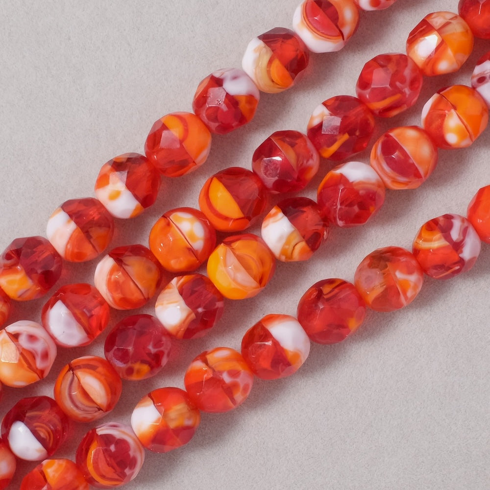 Fil de perles de Bohème rondes facettées 8mm Nuances de rouge blanc