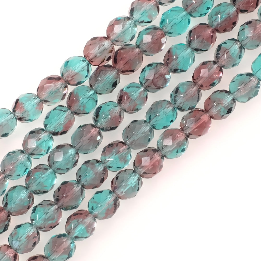 Fil de perles de Bohème rondes facettées 8mm Nuances violet et bleu transparent