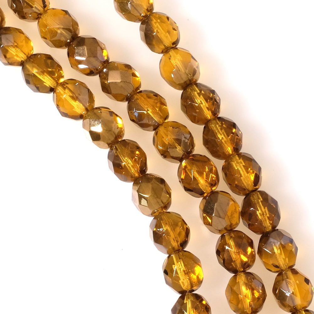 Fil de perles de Bohème rondes facettées 8mm miel transparent bronze métallisé