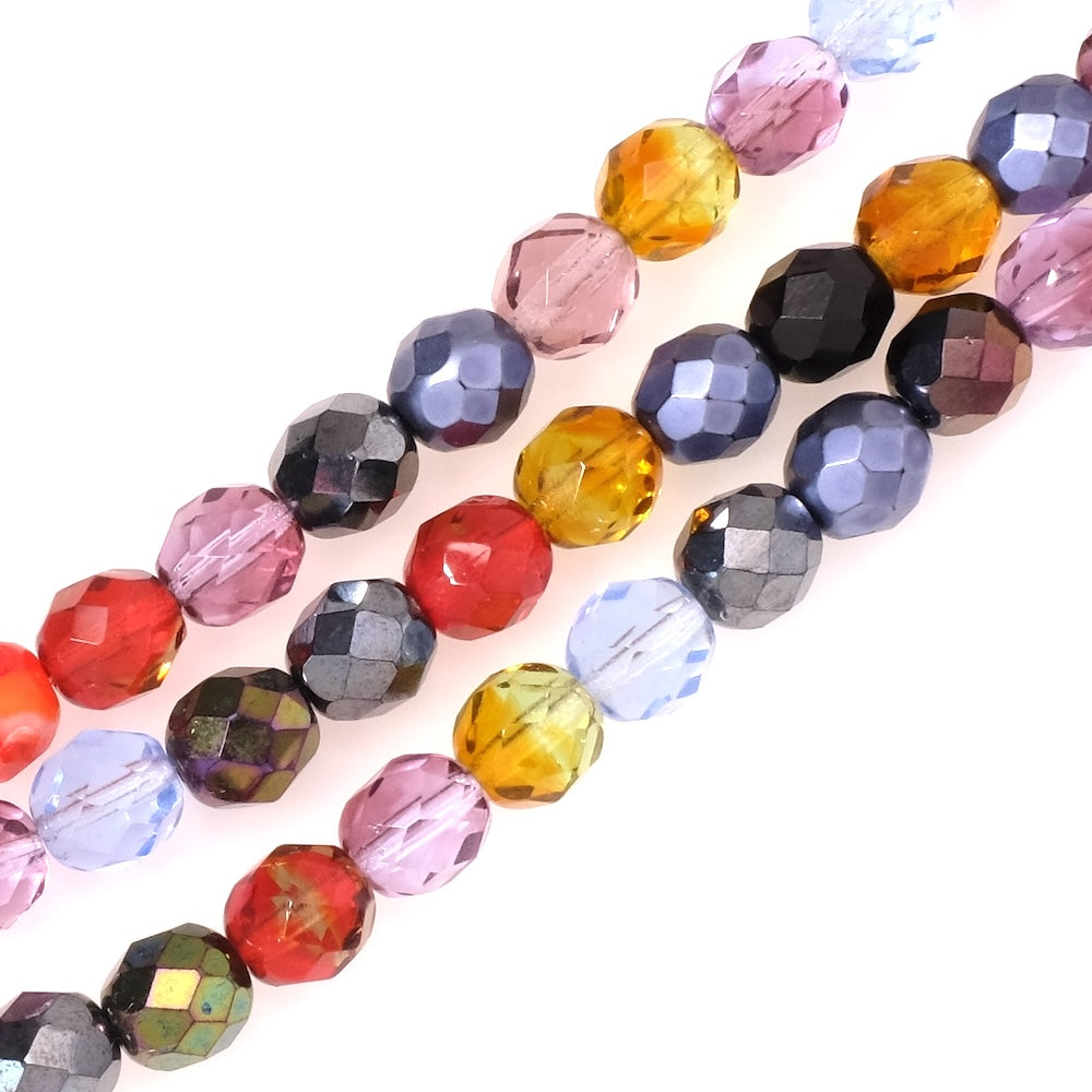 Fil de perles de Bohème rondes facettées 8mm mix violet rouge bleu