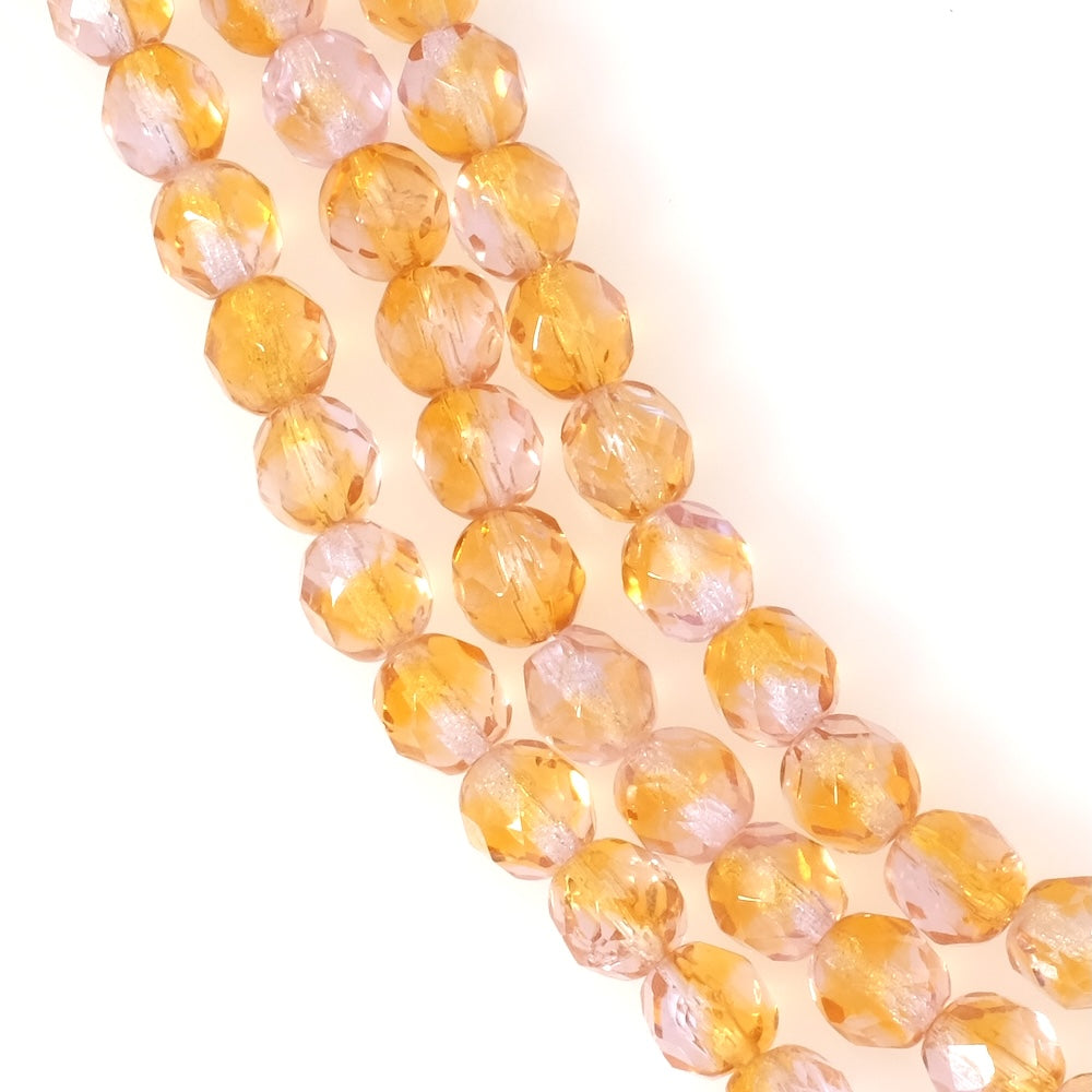 Fil de perles de Bohème rondes facettées 8mm orange clair et transparent