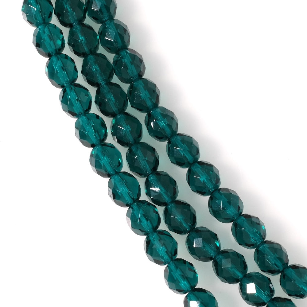Fil de perles de Bohème rondes facettées 8mm vert canard transparent