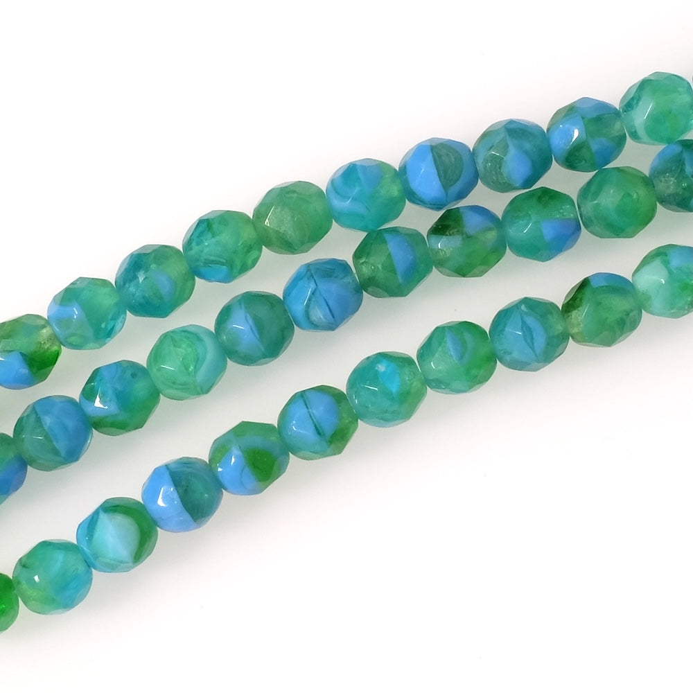 Fil de perles de Bohème rondes facettées 8mm vert marbré bleu