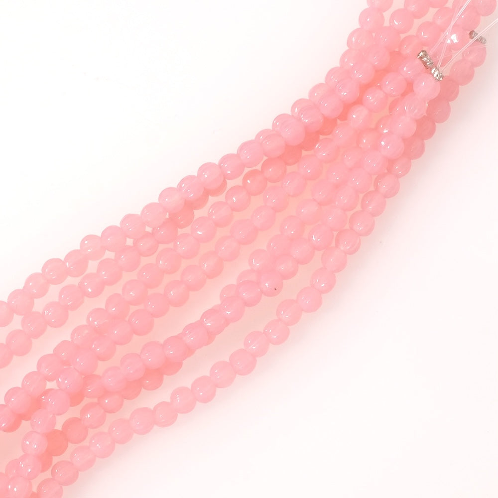 Fil de perles de Bohème rondes striées 3mm rose semi opaque