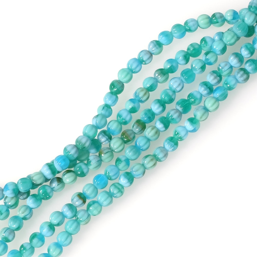 Fil de perles de Bohème rondes striées 4mm nuance turquoise